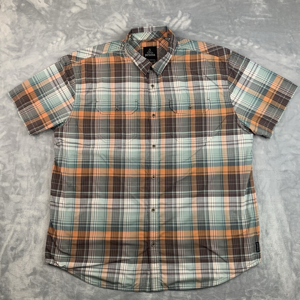 PrAna Mens XXL Short Sleeve Button‎ Down Plaid Shirt